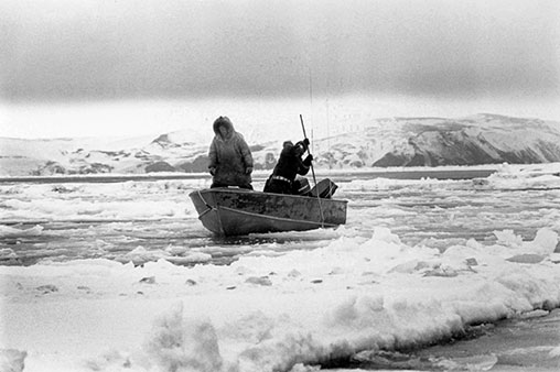 Nelson Island hunters push through the ice toward open water.