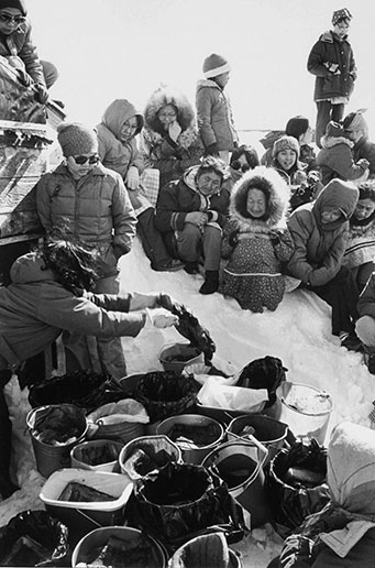 Women of a Tununak family conduct a seal party, in which a young man’s first bearded seal is distributed.