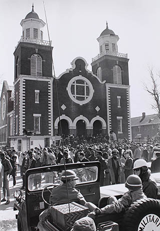 Gathering at Brown Chapel overseen by the nationalized Alabama National Guard.